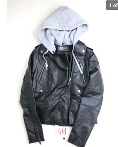 S.A.L.E!!!Jou Jou Juniors Vegan Leather Jacket Black Gray Hooded Faux Fur Lining
